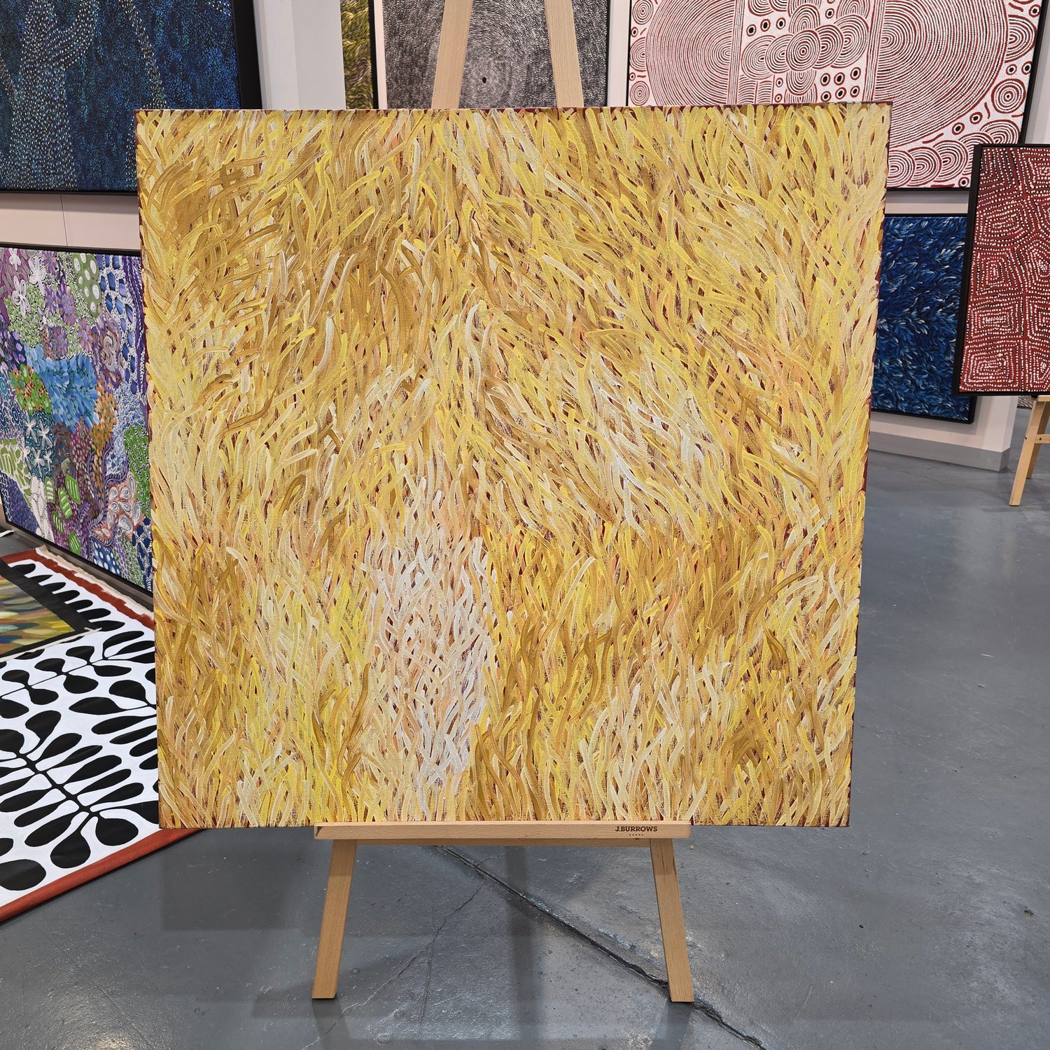 Barbara Weir 1000 mm x 1000 mm aboriginal art for sale at Mandel Aboriginal Art Gallery